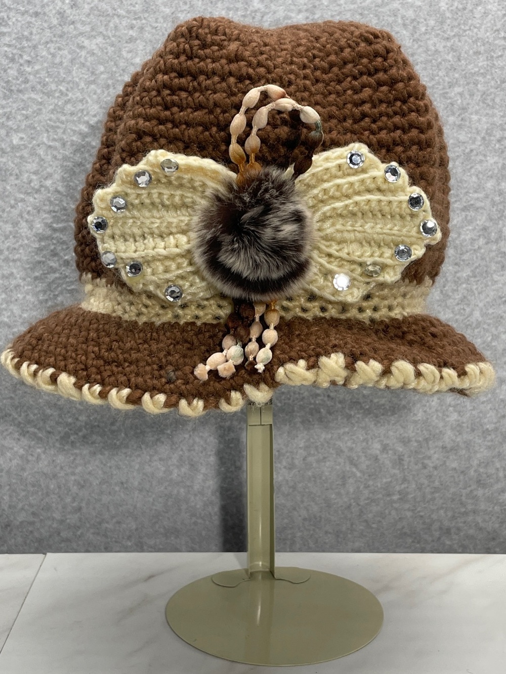 Vintage Handmade Crochet Bucket Hat Brown Beaded Flower Detail Boho Hat